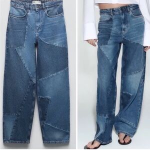 Zara Patchwork Jeans Size 2 High Rise Loose Fit Boho Festival